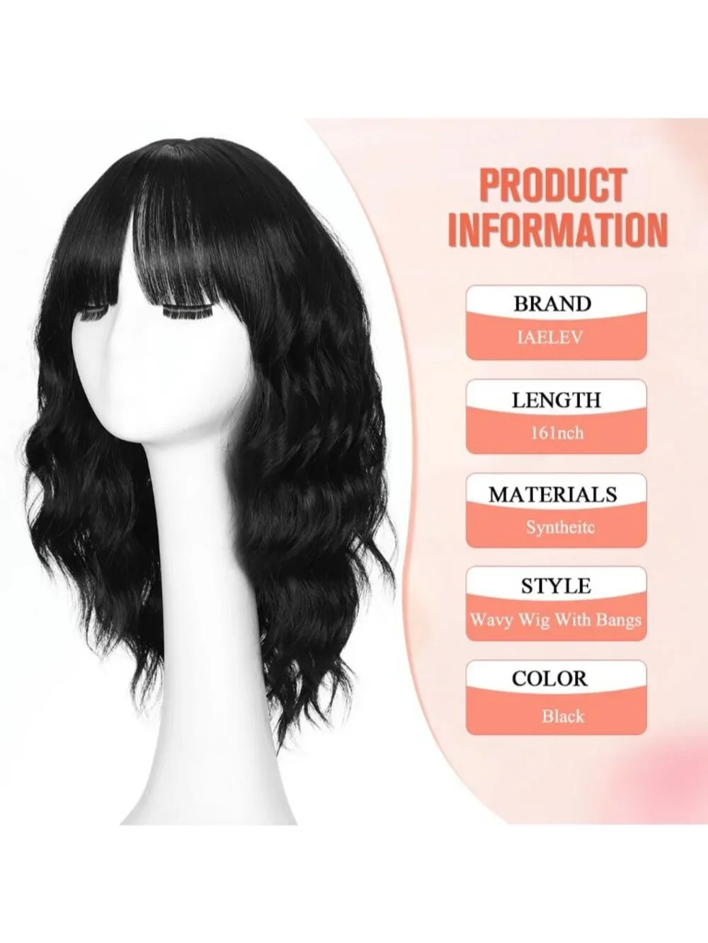 Women's Black 16 Inch Wavy Wig With Bangs Shoulder Length Synthetic Hair